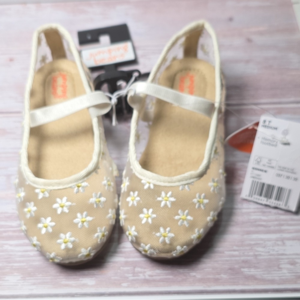 Jumping Beans Girls Mary Jane Flats Beige daisyl Embroidered Memory Foam 8M